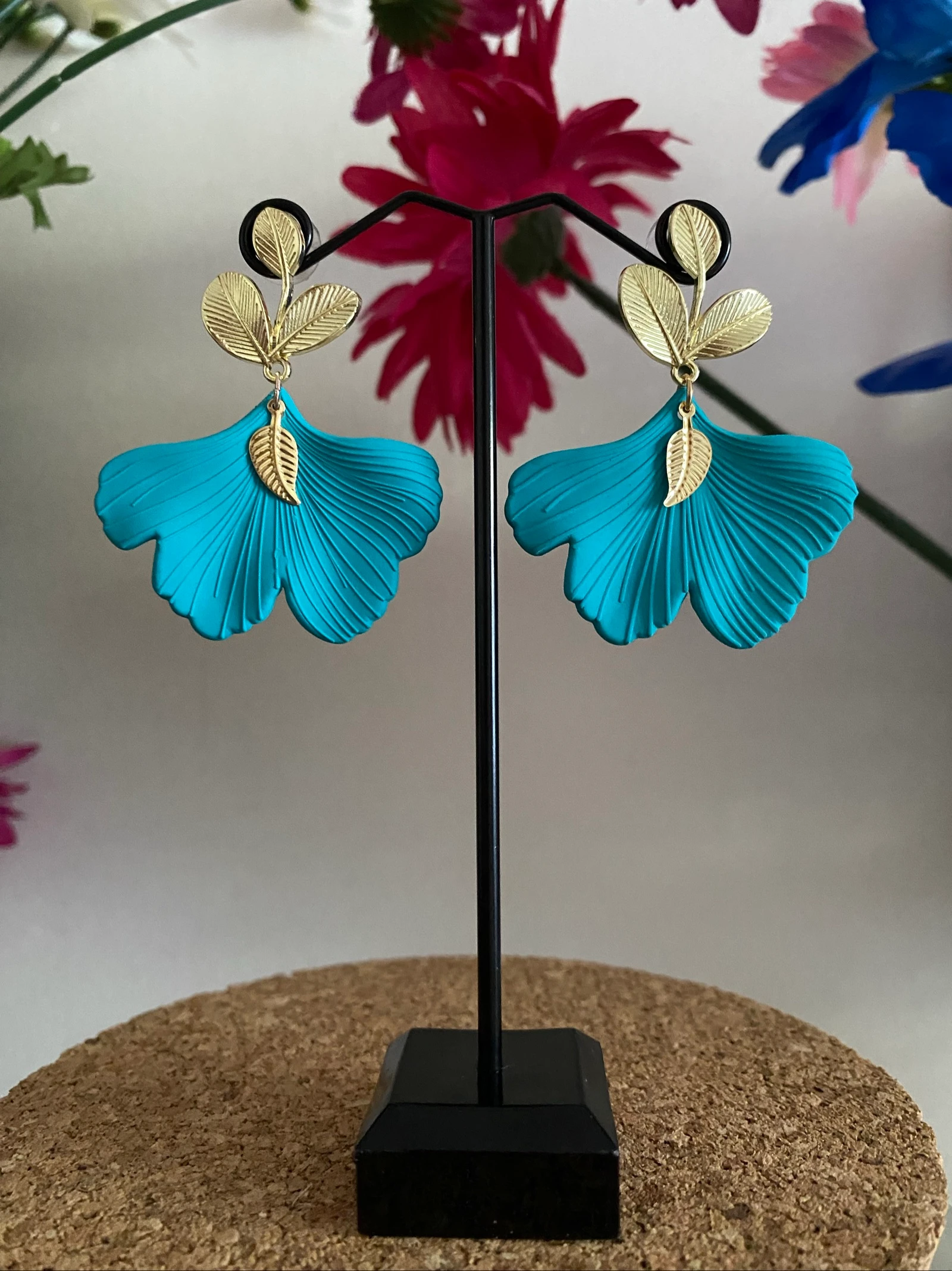 Turquoise blauwe ginkoblader oorringen – photo 4